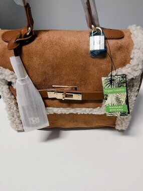 NWT Badgley Mischka Fur Border Satchel Tan Vegan Leather 10X10X4